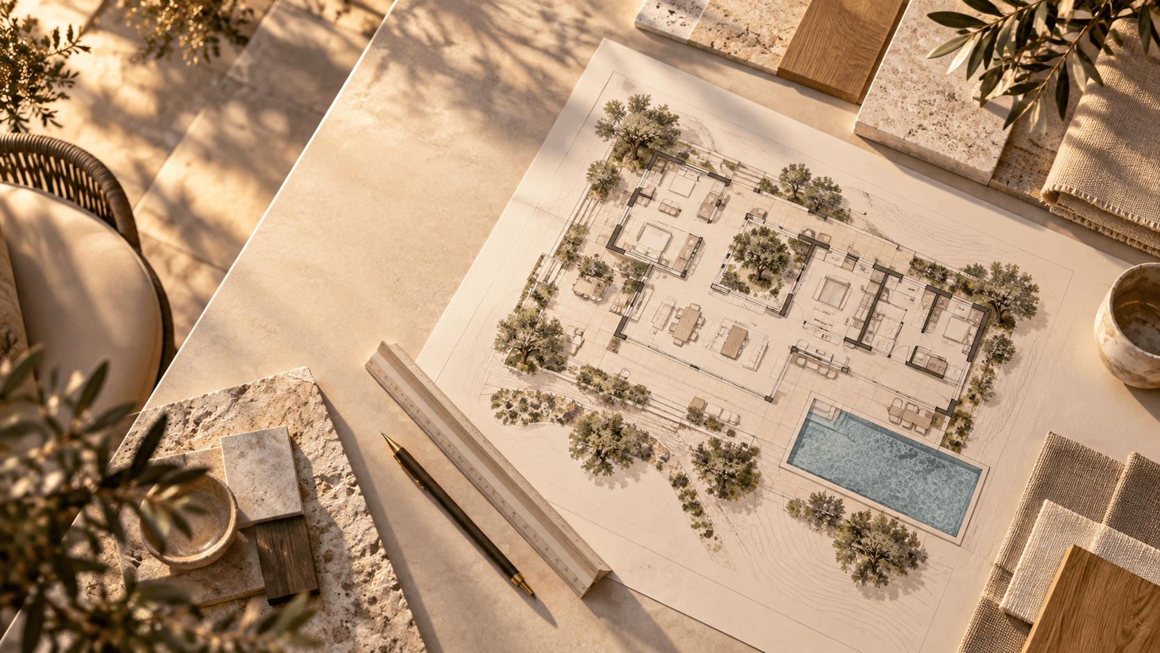 Plan d'architecte de la villa, vu de dessus sur une table de travail