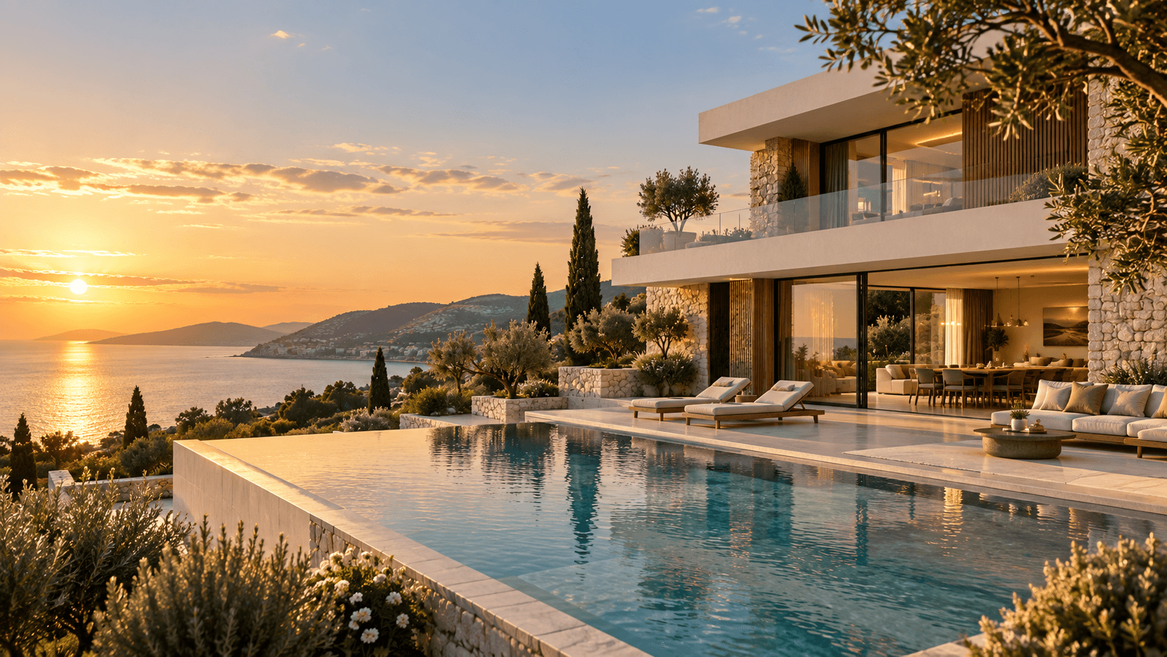 Villa contemporaine en pierre claire et sa piscine à débordement, face à la mer en fin de journée